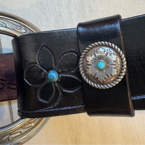 Vtg Al Stohlman Brand Black Leather Belt Floral Tooled Silver Western Cowgirl - Picture 4 of 11